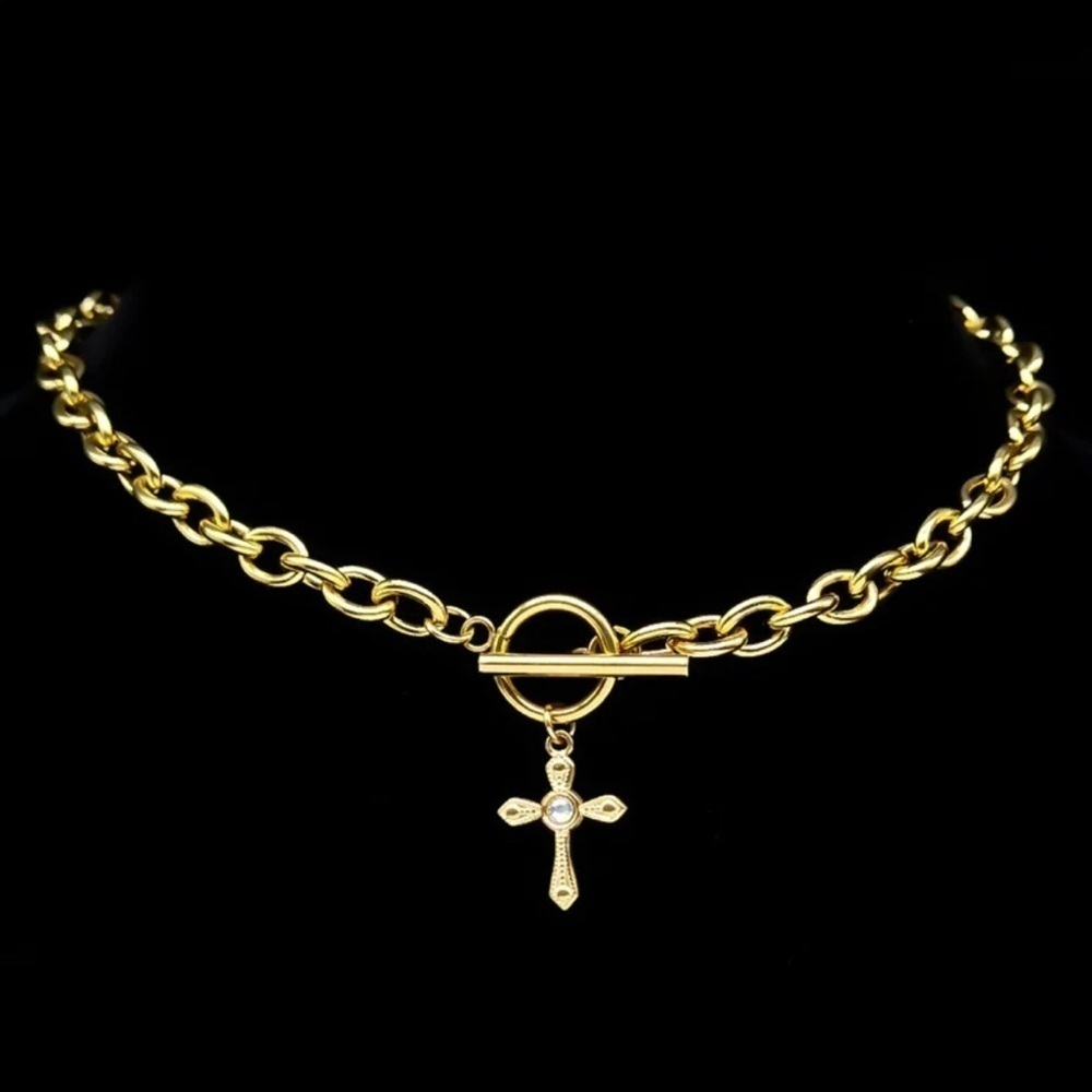 ⭐️NEW⭐️ 18K Gold Chunky Chain Cross Metal Accent Choker Necklace & Bracelet Set - Picture 5 of 6